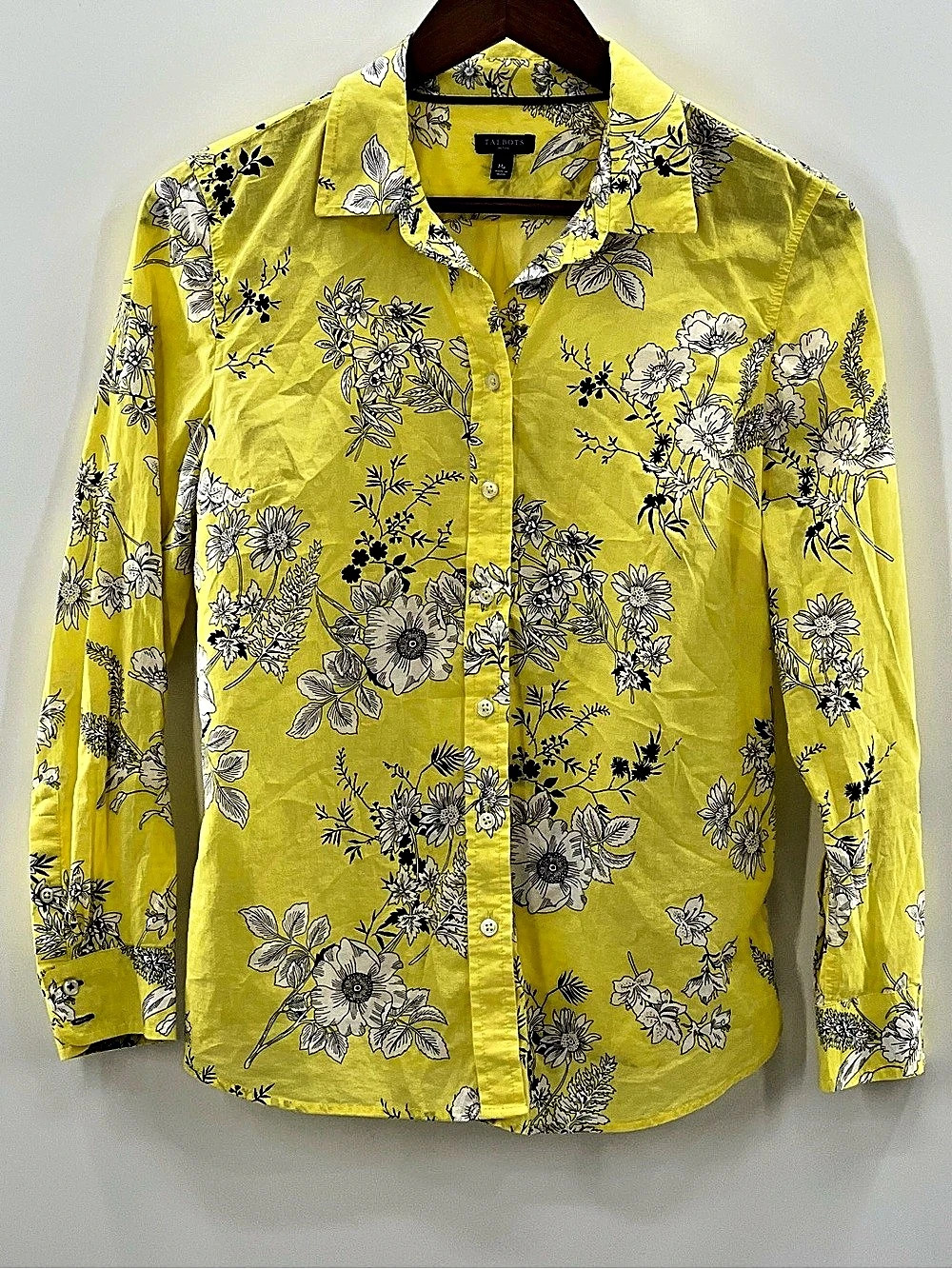 608 Talbots Classic Shirt Floral Button Down Yellow & Gray Medium Petite